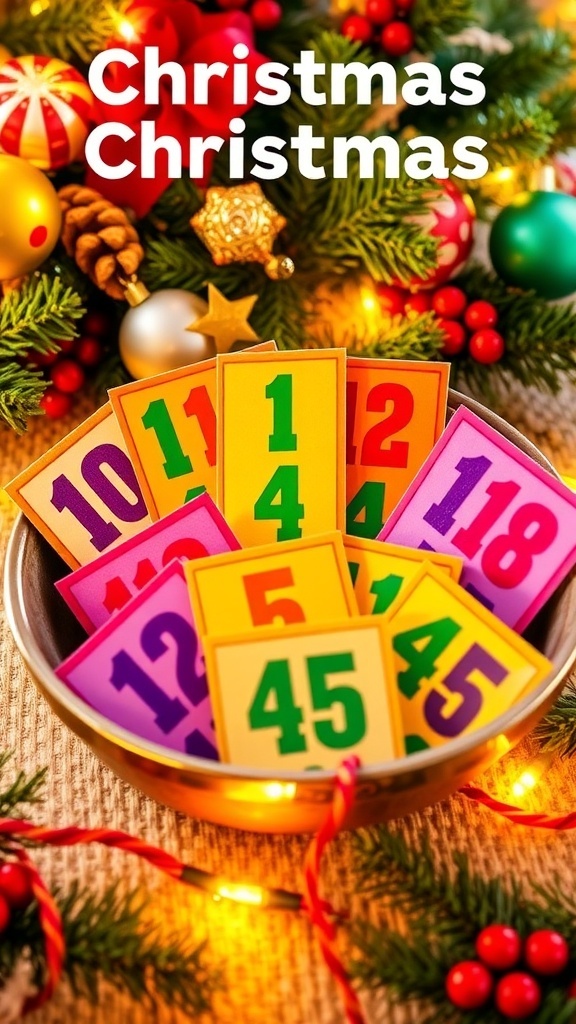 Colorful numbered cards for Christmas drawing numbers in a decorative bowl with holiday decorations.